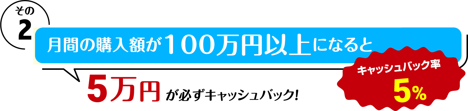 その2 月間の購入額が100万円以上になると 5万円が必ずキャッシュバック!