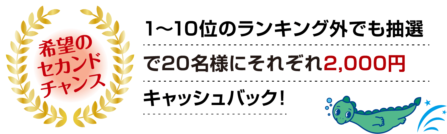 希望のセカンドチャンス 1~10位のランキング外でも抽選で20名様にそれぞれ2,000円キャッシュバック!