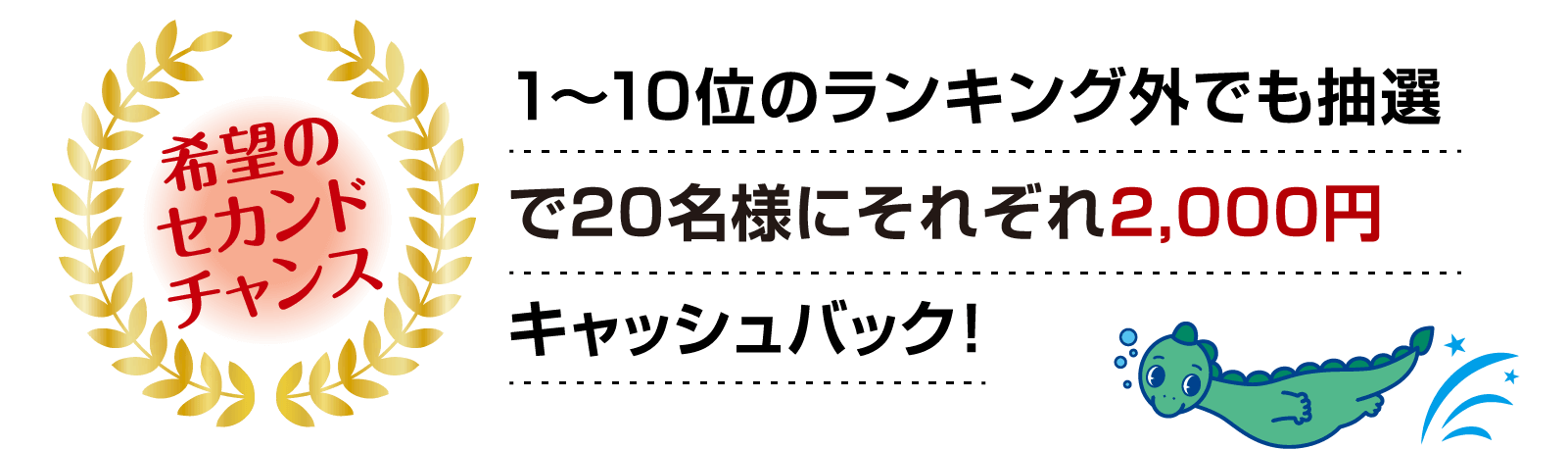 希望のセカンドチャンス 1～10位のランキング外でも抽選で20名様にそれぞれ2,000円キャッシュバック！